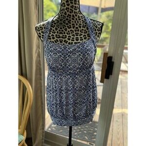 Lands End Blouson Tankini Swim Suit Sz 10 Paisley Blue White Bandana Mosaic